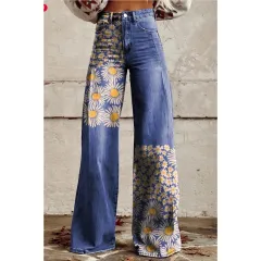 Fashion Women's Printed High Waist Loose Thin Imitation Denim Wide Leg Pants - Style9-2Xl - View 1