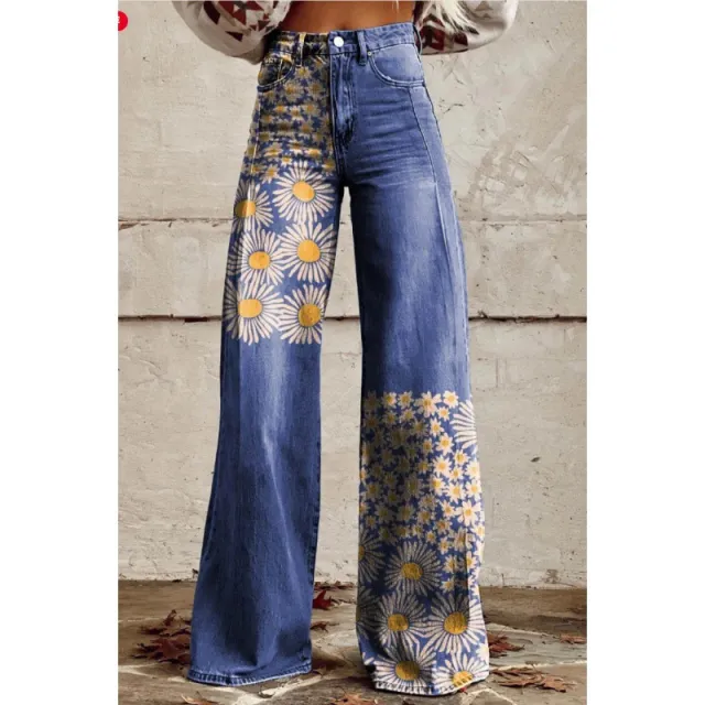 Fashion Women's Printed High Waist Loose Thin Imitation Denim Wide Leg Pants Style9 2Xl - Shop at LoveMi