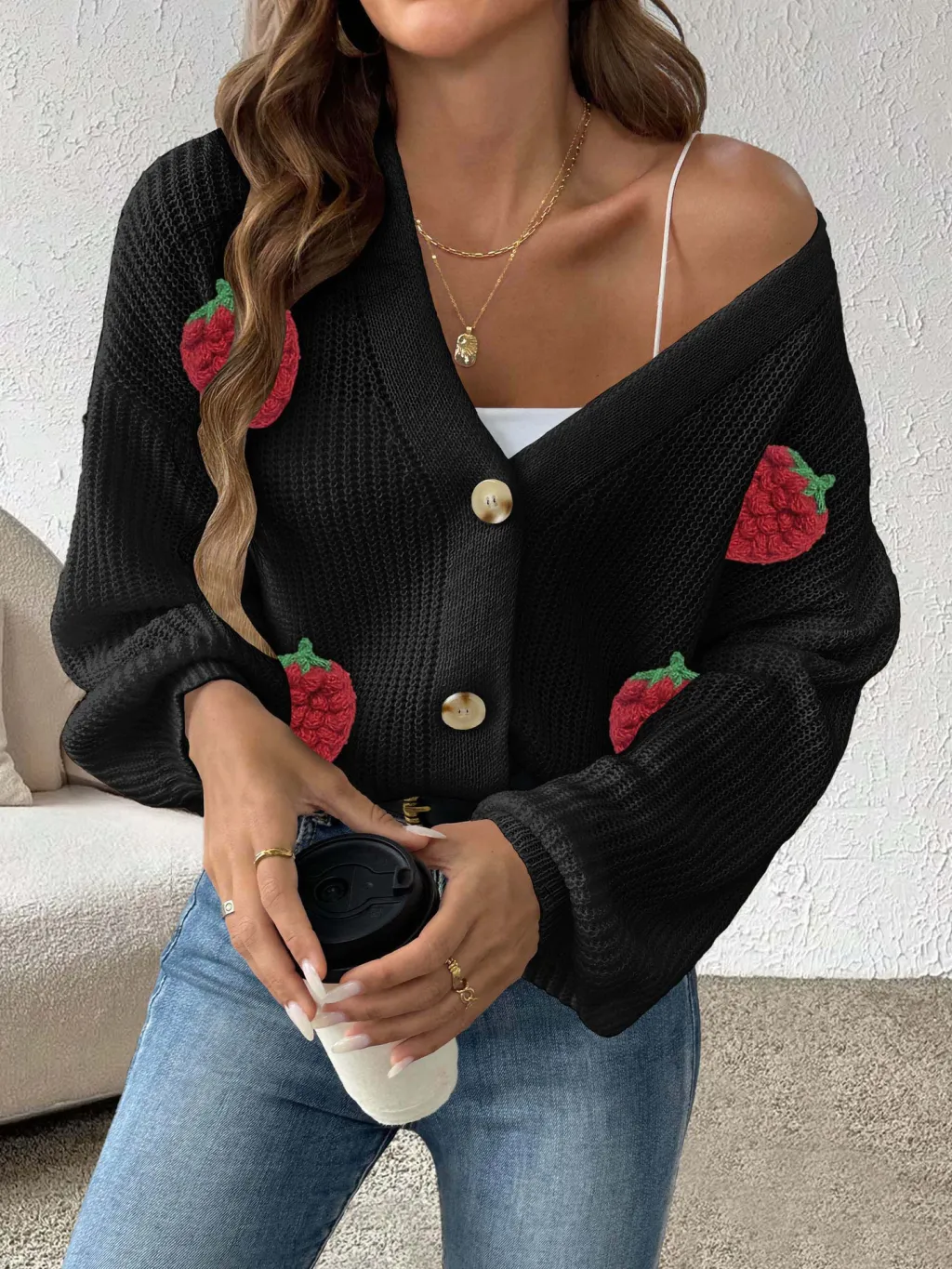 Women's Three-dimensional Strawberry Stitching Cute Cardigan Button Coat - Black