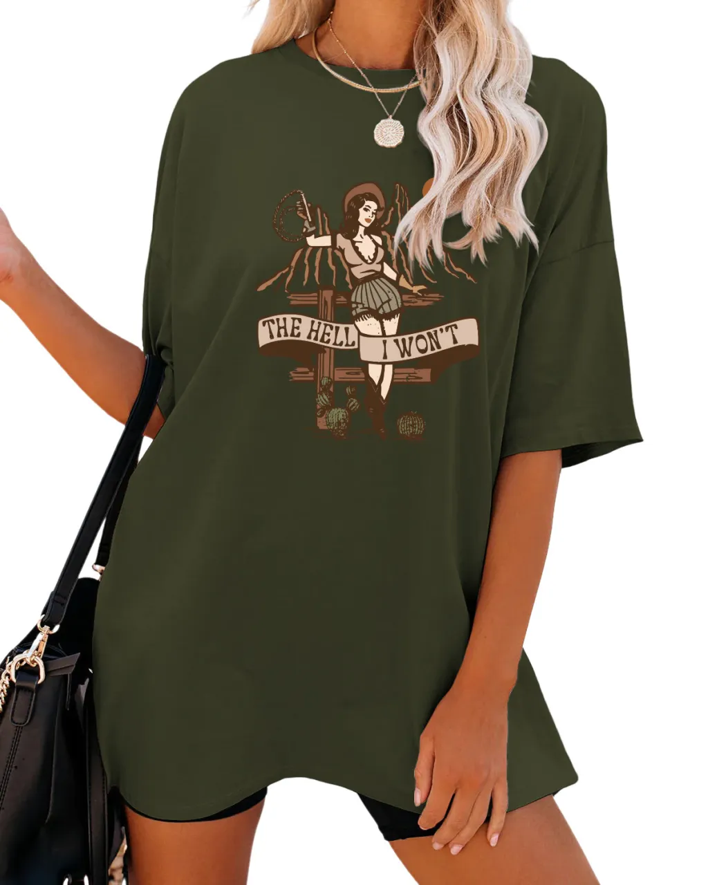 Women's Fashion Casual The Hell I Won't Print Round Neck Short Sleeve - Army Green