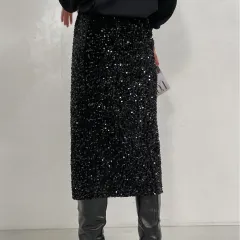 Sequins Skirt Party Sheath High Waist Slit Midi Skirt - Black - View 1