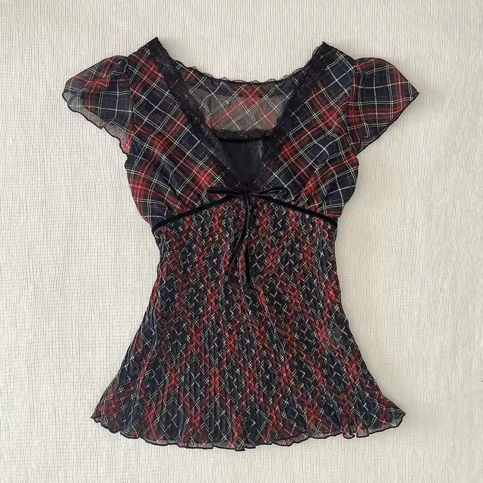 Retro French V-neck Sexy Women's Top - Red