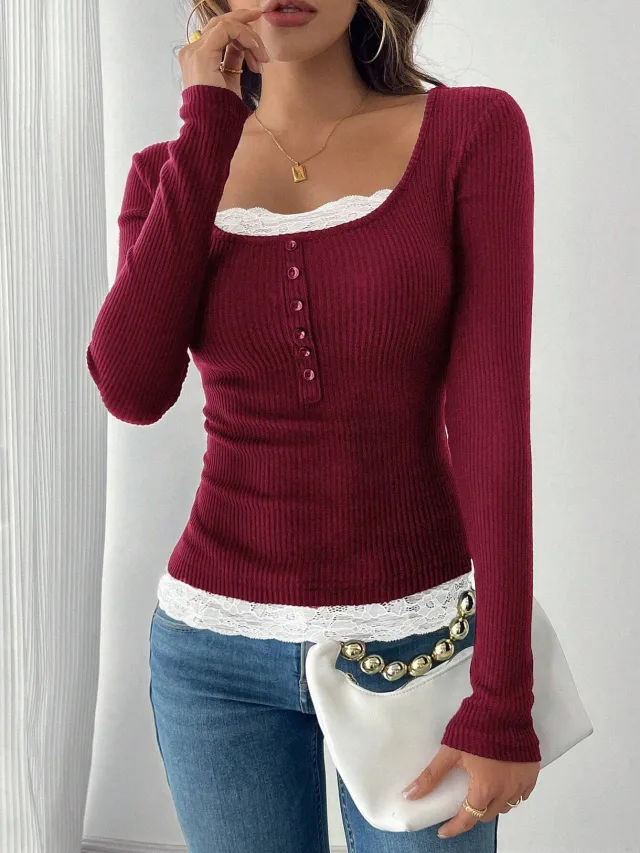 Women's Lace Stitching Crew Neck T shirt Top Wine Red - Shop at LoveMi