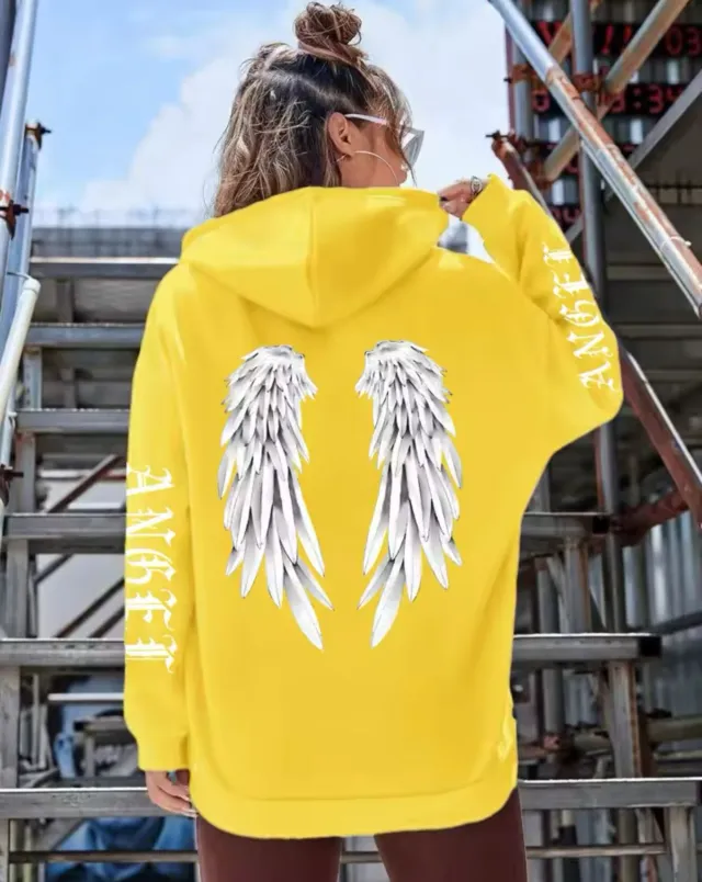 Fashion Women's Drawstring Pocket American Hooded Sweater Fashion Personalized Printing Yellow - Shop at LoveMi