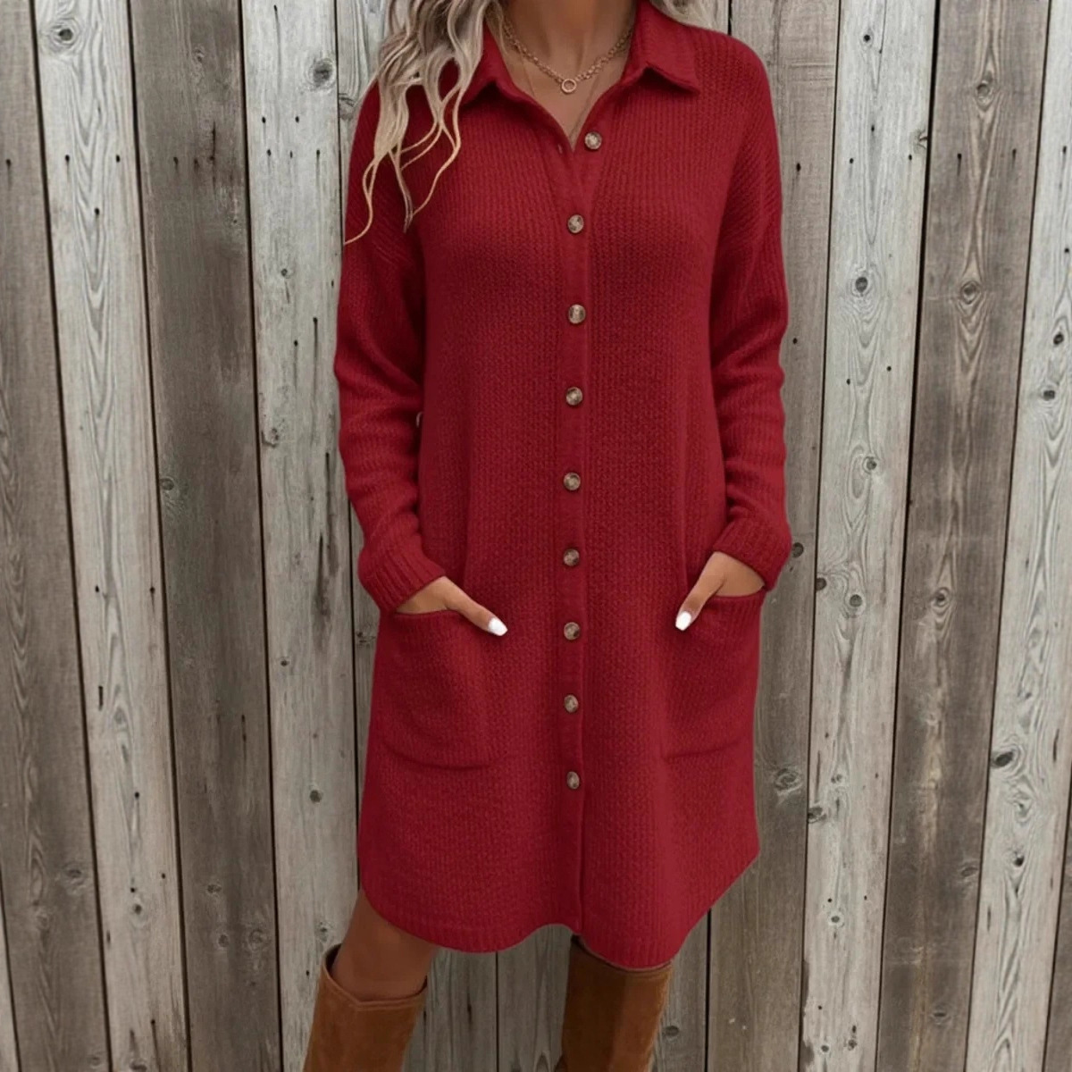 Knitted Button Down Solid Color Long Sleeve Pocket Cardigan Sweater Dress