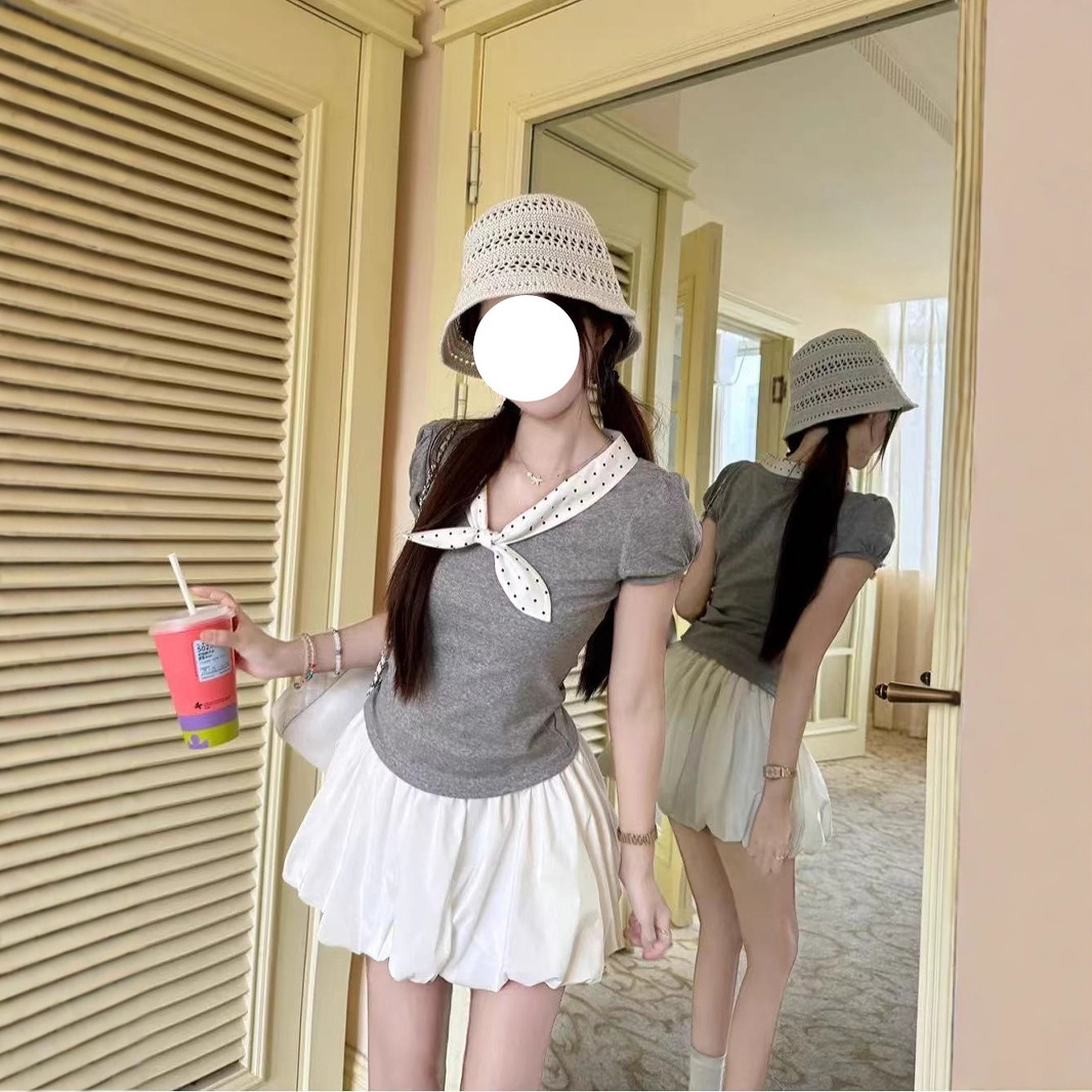 Korean Style Polka Dot Bow Slim Fit Slimming Short Sleeve