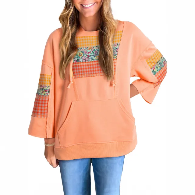 Retro Plaid Hooded Women's Contrast Color Sweatshirt Orange - Shop at LoveMi