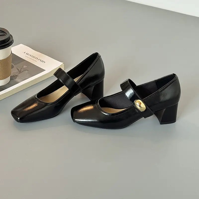 Little Golden Bean Square-Toe Gold-Buckle Belt Chunky-Heel Soft Leather Mary Jane Pumps