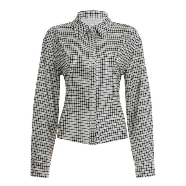 Retro Fitted waist Tie up Long sleeve Plaid Shirt Khaki - Shop at LoveMi