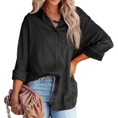 Women's Lapel Open Button Leopard Jacquard Shirt - Black - View 1