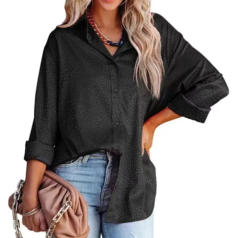 Women's Lapel Open Button Leopard Jacquard Shirt - Black