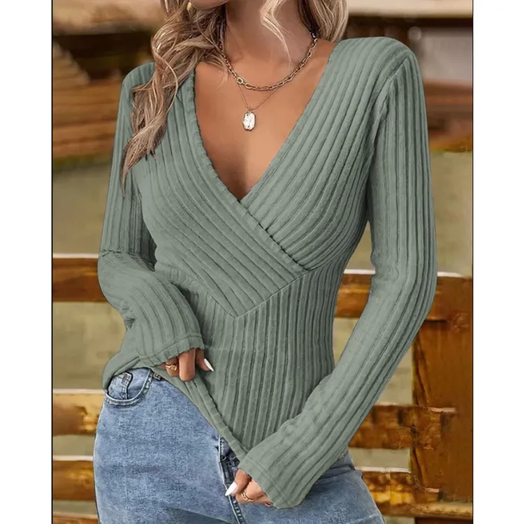 European And American Intellectual Style Temperament Pullover V-neck Slim-fit Long-sleeved Sweater - Green