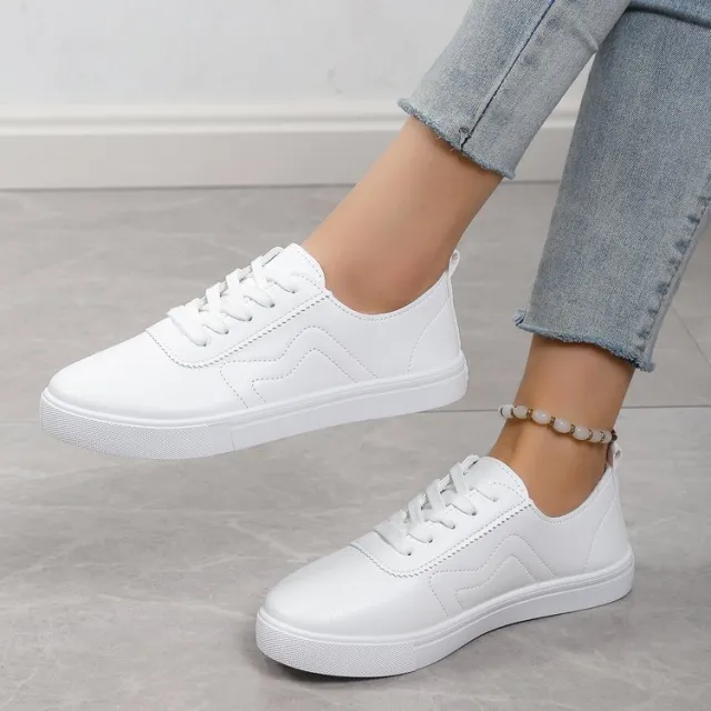 Round Toe Flat Bottom Lace Up Casual Comfortable White Shoes White - Shop at LoveMi