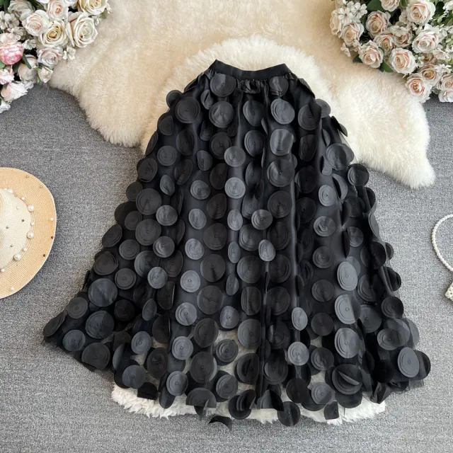 Retro High Waist Mid length Three dimensional Flower Mesh Skirt Black - Shop at LoveMi