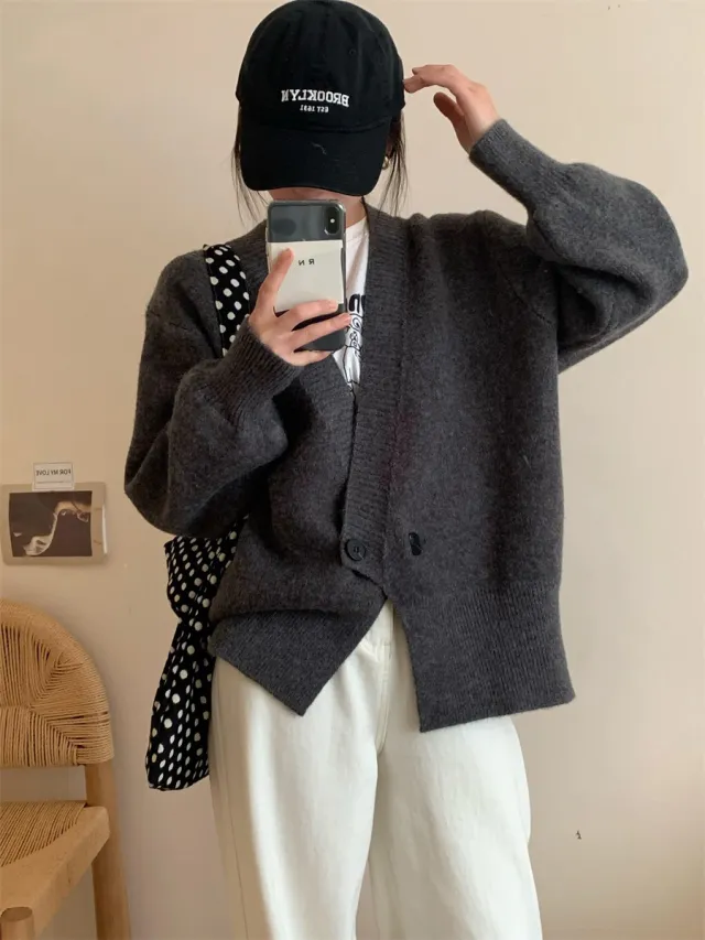 Knitted Cardigan Korean Style Solid Color Loose And Simple Knitwear Idle Style Women's Coat Gray - Shop at LoveMi