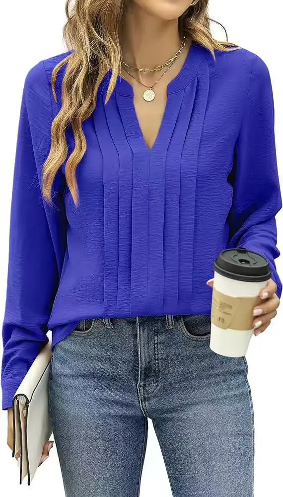 Temperament Commute Long Sleeve Solid Color Sweet Top Women's V neck Design Blue - Shop at LoveMi