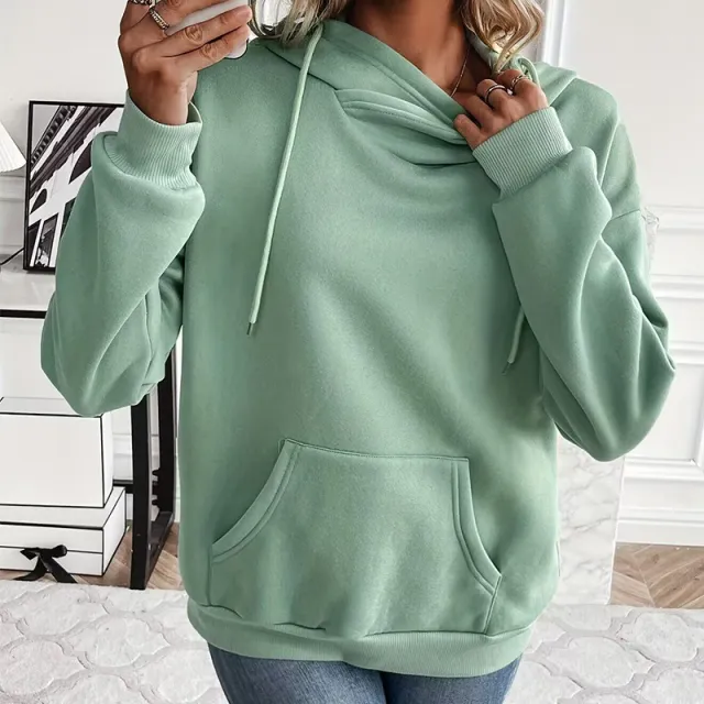 Solid Color Hooded Drawstring Front Pocket Long Sleeve Sweater Light Green - Shop at LoveMi