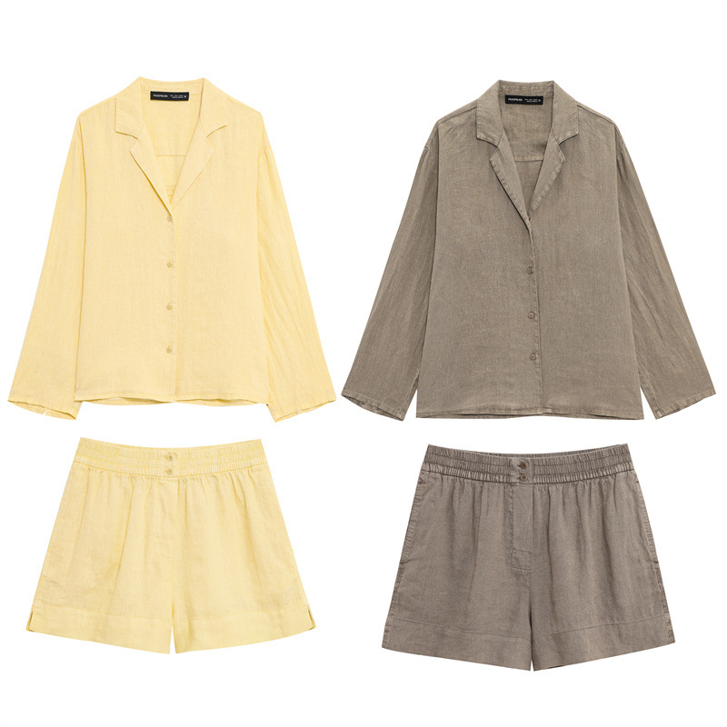 Long Linen Sleeves V-neck Shirt Mid-waist Shorts