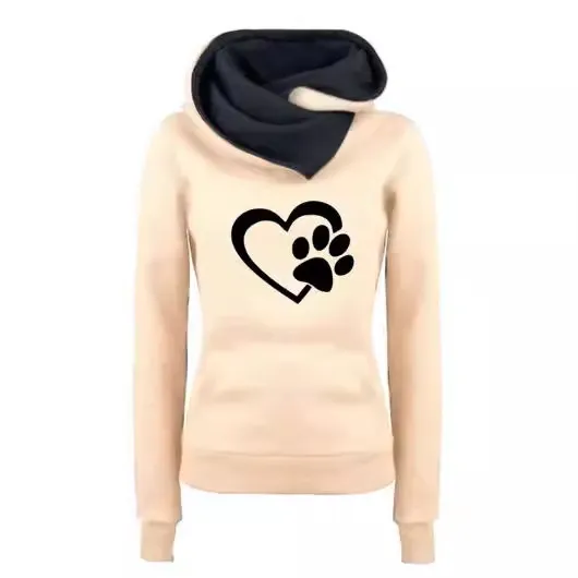 Women's Sweater Hoodie Pullover Cat's Paw Love Heart Khaki - Shop at LoveMi
