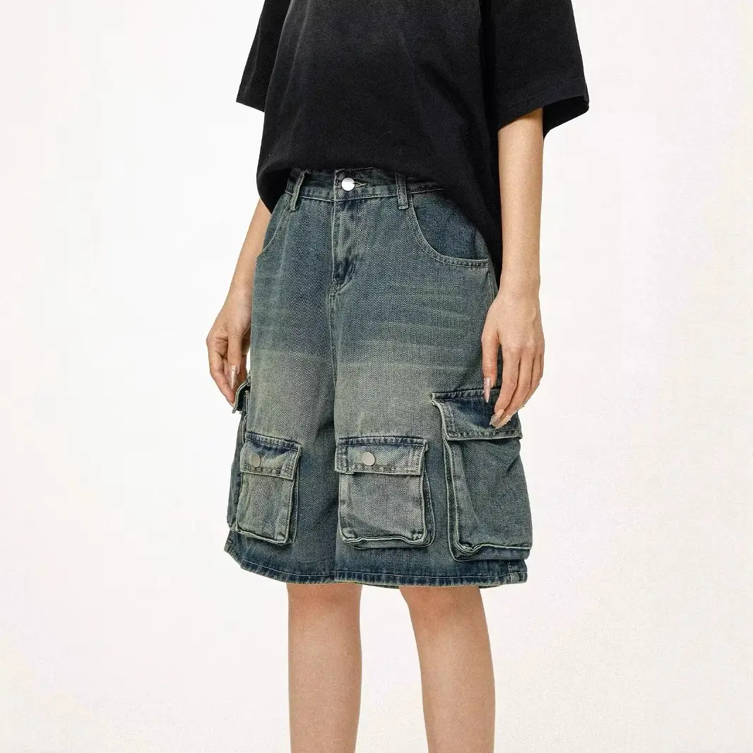 Summer New Vintage Multi-pocket Mens Loose-fit Denim