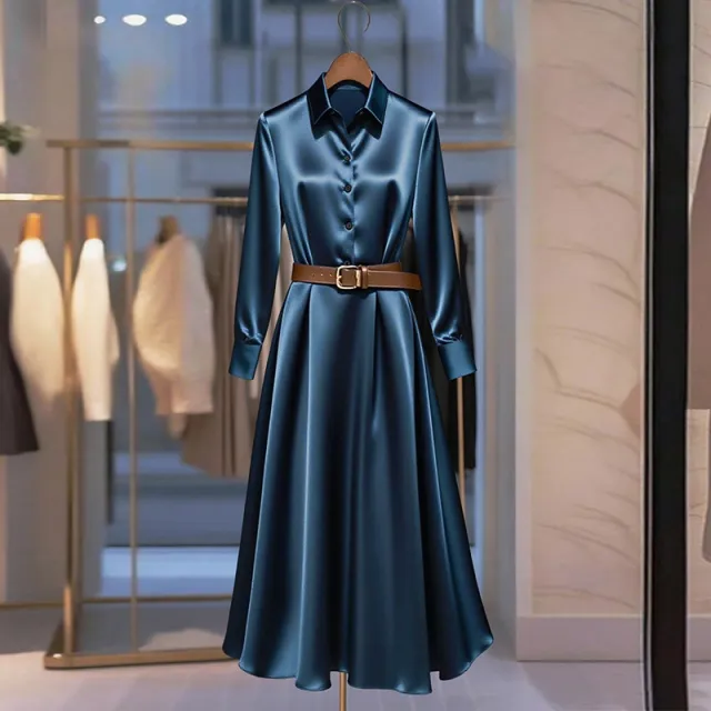 Temperament Long sleeved Dress Autumn Solid Color A line Skirt Blue - Shop at LoveMi