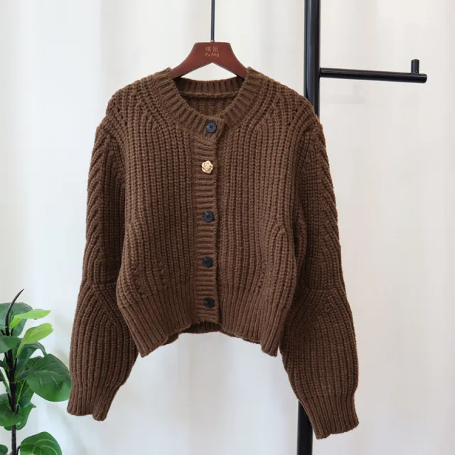 Thick Needle Design Sense Niche Sweater Coat Loose Round Neck Long Sleeve Temperament Brown - Shop at LoveMi