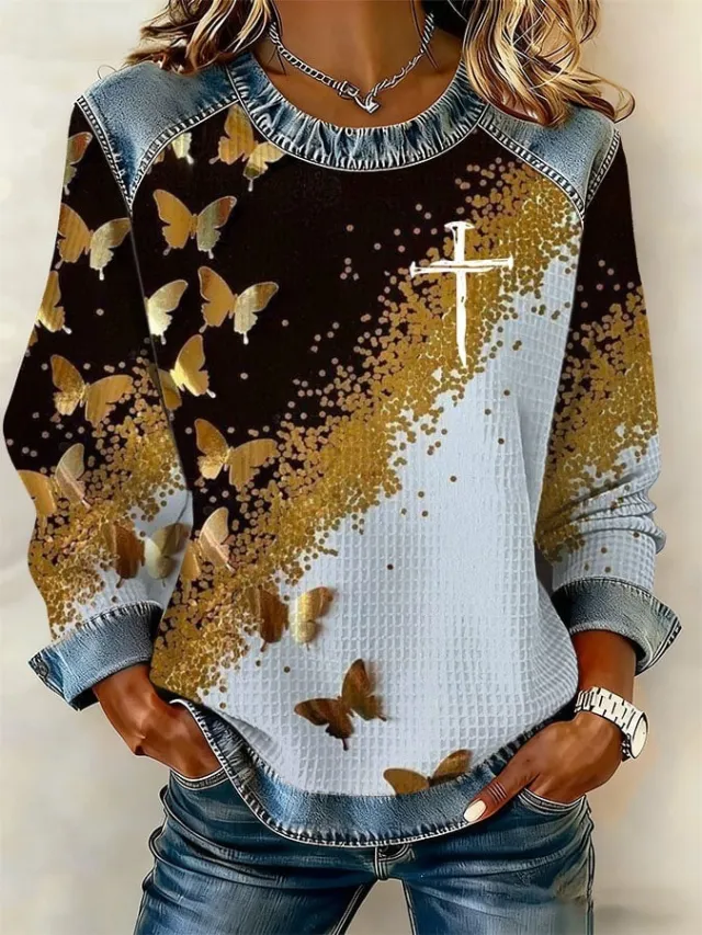 Retro Loose fitting Pullover With A Printed Crew Neck Fch73Jny69X08 M - Shop at LoveMi