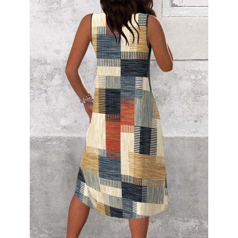 Womens Casual Versatile V-Neck Sleeveless Colorblock Dress