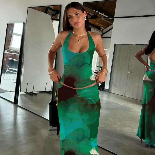 Fashionable Printed Sexy U Neck Tank Top And Slim Fit Skirt Set Tan - Shop at LoveMi