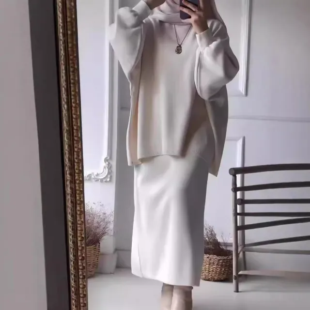 Fashionable Knitted Loose Long Sleeve Pullover Suit White - Shop at LoveMi