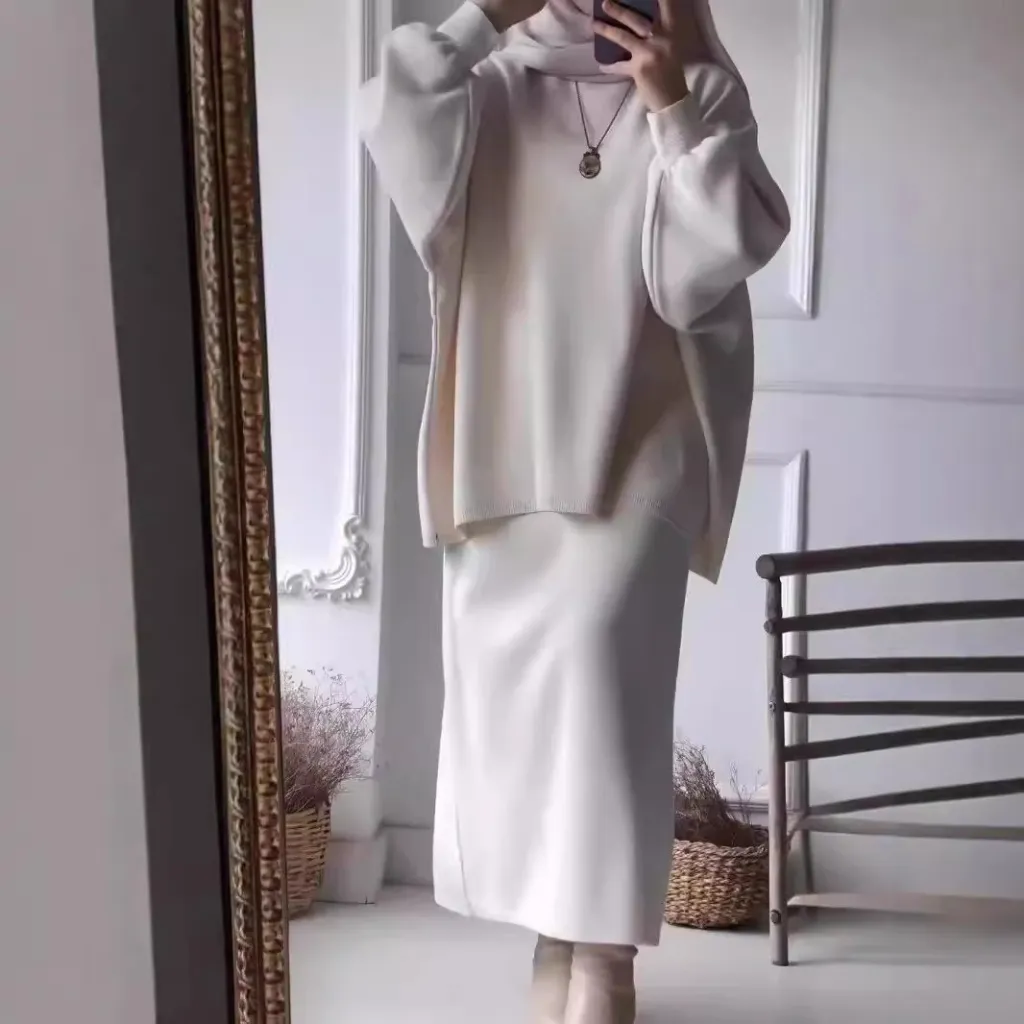 Fashionable Knitted Loose Long Sleeve Pullover Suit - White