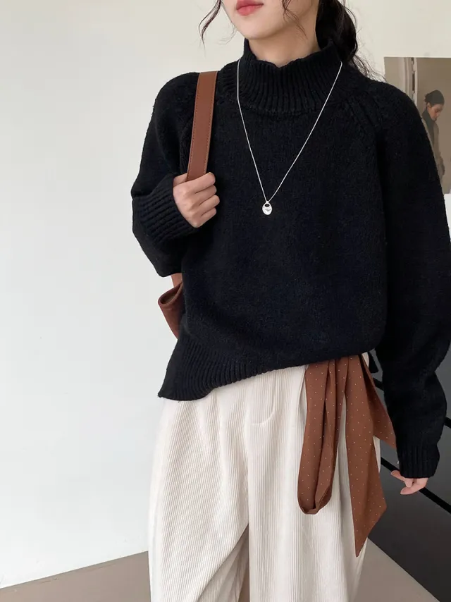Autumn And Winter Solid Color Half Turtleneck Split Sweater Black - Shop at LoveMi