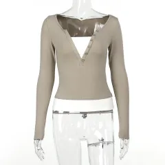 Colour Contrast Patchwork Fake Two Pieces Long Sleeve Slim-fit Top - Khaki - View 1