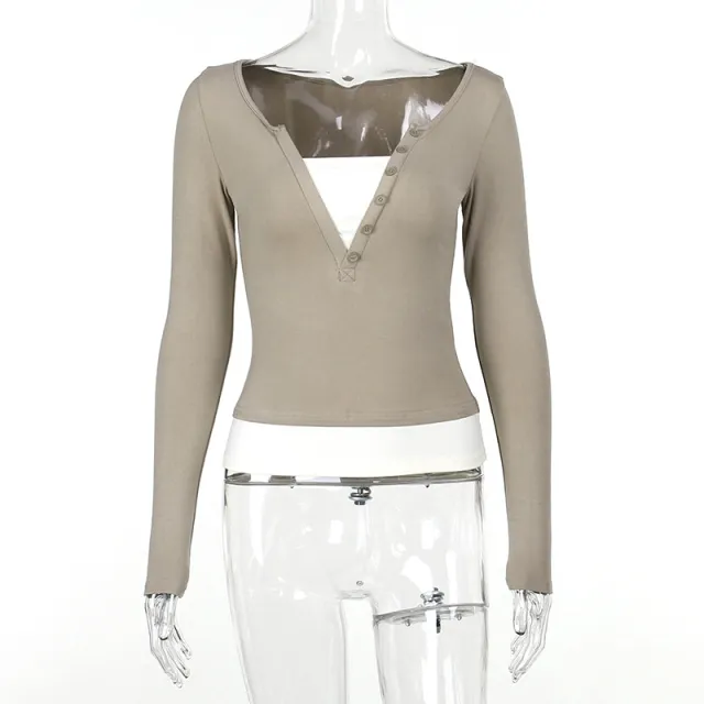 Color Contrast Patchwork Fake Two Pieces Long Sleeve Slim fit Top Khaki - Shop at LoveMi