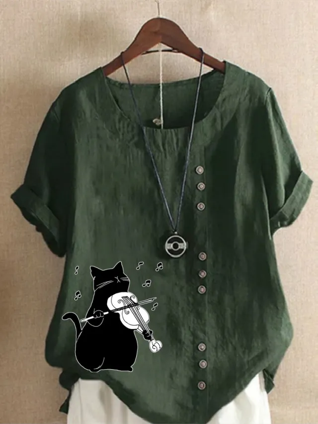 Summer Cotton And Linen Short Sleeve Top Cartoon Printed T shirt Army Green - Shop at LoveMi