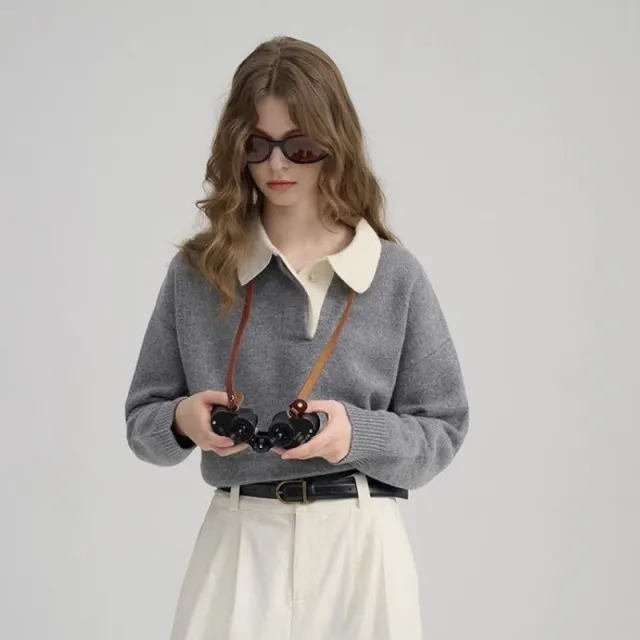 New Contrast Color Polo Collar Pullover Simple Lapel Sweater Gray - Shop at LoveMi