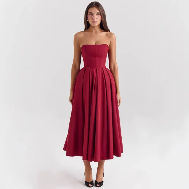 Summer Outfit High end Fishbone Bustier Pure Desire Style Bodycon Backless Midi Dress Red - Shop at LoveMi