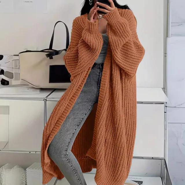 Knitted Long Cardigan With Pockets Fashion All match Lantern sleeved Coat Orange - Shop at LoveMi