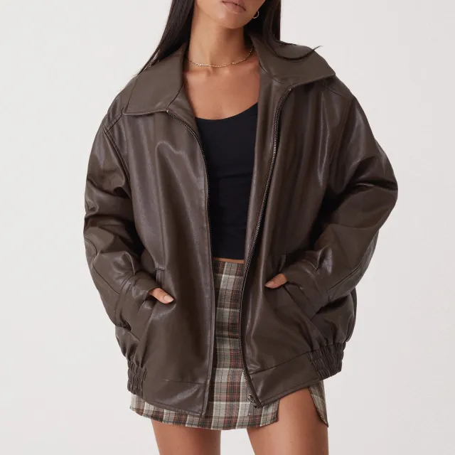 Leather Coat Women's Locomotive Style Top Brown - Shop at LoveMi