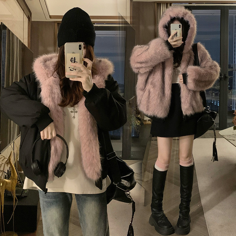 American-style Retro Shearling-lined Hooded Utility Short Jacket
