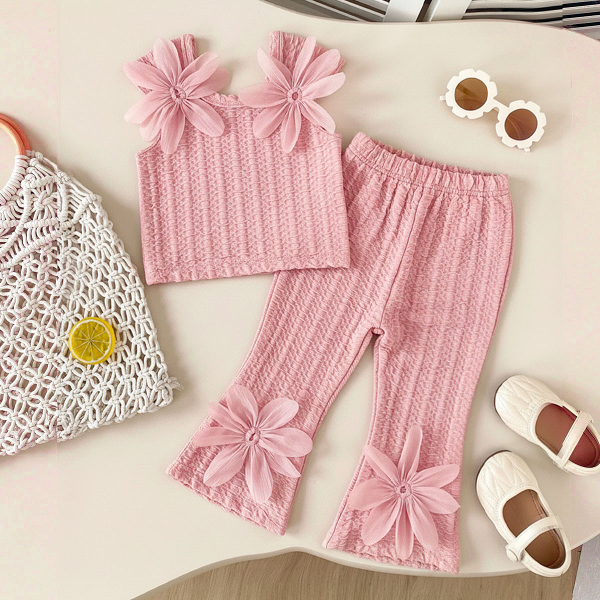 Summer 3D Floral Strap Top Pants For Baby Girls