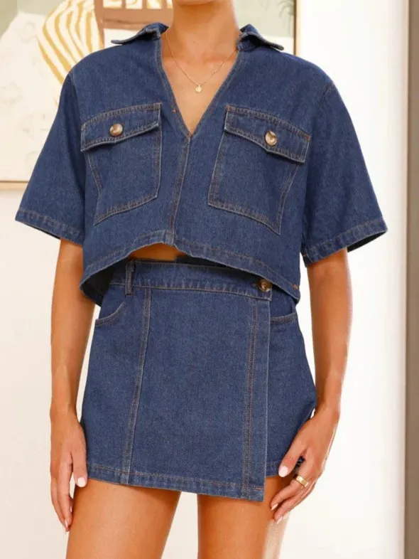Women's V neck Short Sleeve Loose And Irregular Denim Short Pantskirt Suit Blue - Shop at LoveMi