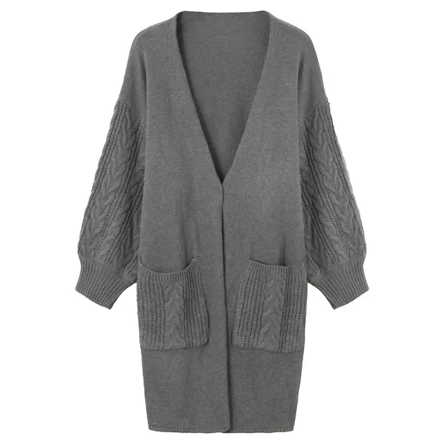 Knitted Cable Lantern Sleeve Coat Sweater Dark Gray - Shop at LoveMi