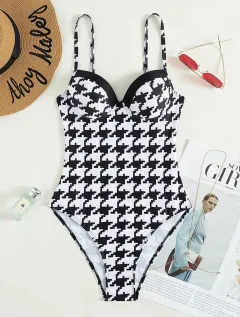 Retro Houndstooth Hard Bag One-piece Women's Beach Swimwear - Black - View 1