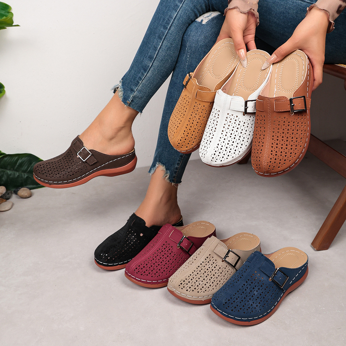 Ultra-light, Hollowed-out Closed-toe Elastic Slippers For Women