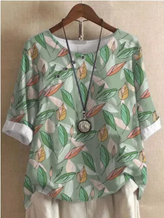 Women's Cotton And Linen Fashion Printed Loose Shirt - Yellow And Green Leaves