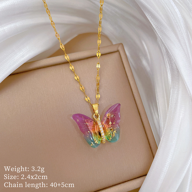 Titanium Steel Colorful Butterfly Full-Diamond Necklace