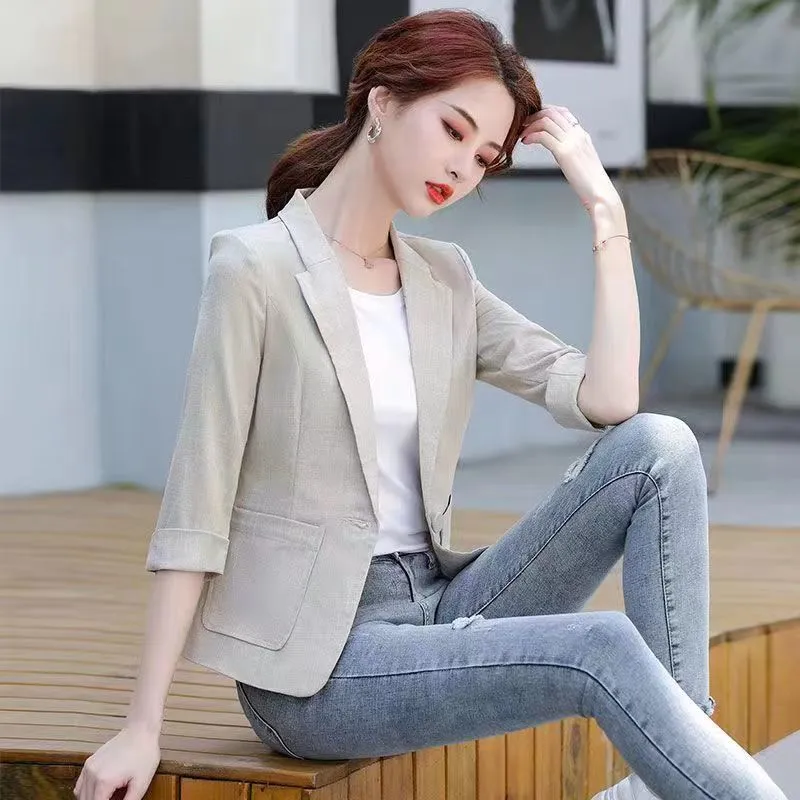 Casual Cotton And Linen Small Tailored Suit Top - Light Gray