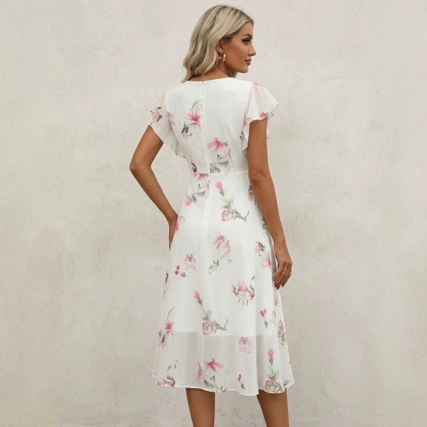 Fashionable Floral-print Chiffon Dress For Women