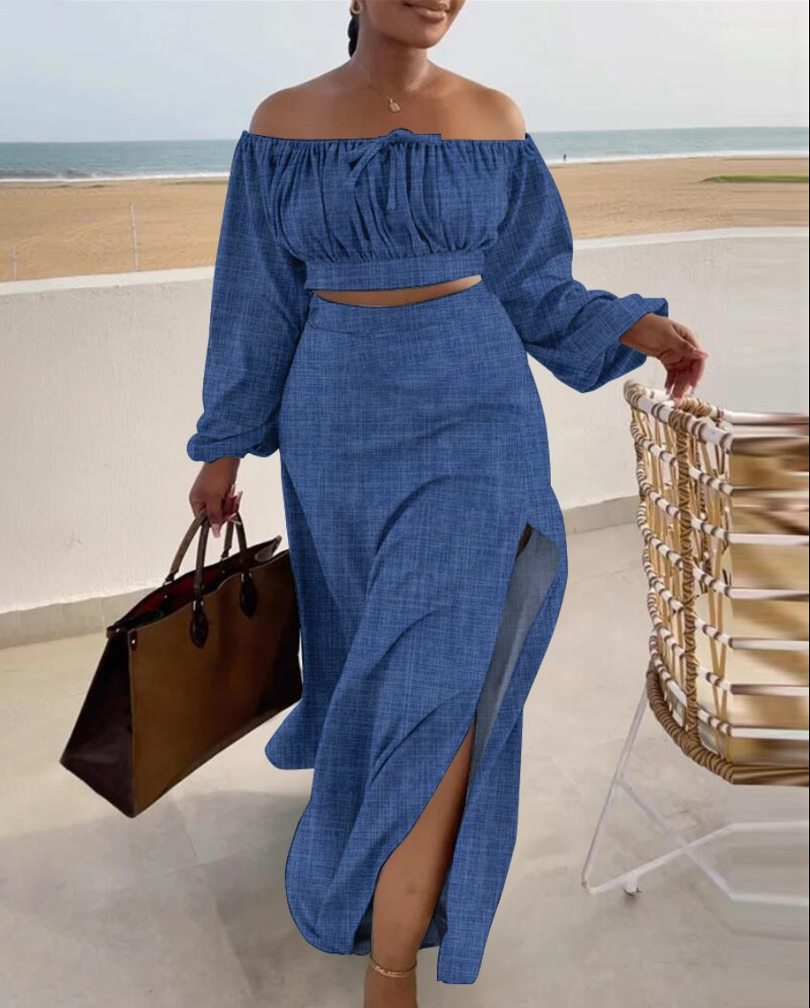 Cross border Casual Off the shoulder Split Vacation Dress Two piece Set Blue - Shop at LoveMi